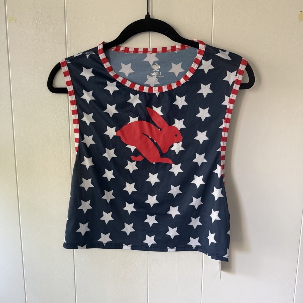 Rabbit Suns Out Tummies Out USA Patriotic Stars & Stripe Running Tank Top LG NWT